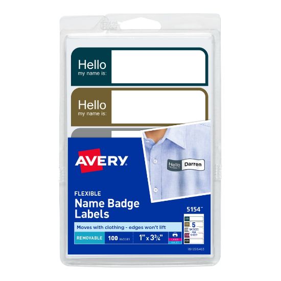 Picture of Avery Flexible Name Badge Labels, Rectangle, 5154, 1in x 3 3/4in, Assorted Colors, Pack Of 100