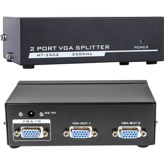 Picture of 4XEM 2-Port VGA Splitter 350 MHz - 350 MHz to 350 MHz - 2048 x 1536 - 213 ft Maximum Operating Distance - VGA In - VGA Out - Silver Plated - Black