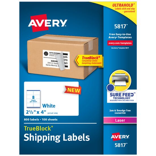 Picture of Avery TrueBlock Shipping Labels With Sure Feed Technology, 5817, Rectangle, 2.5in x 4in, White, Pack Of 800