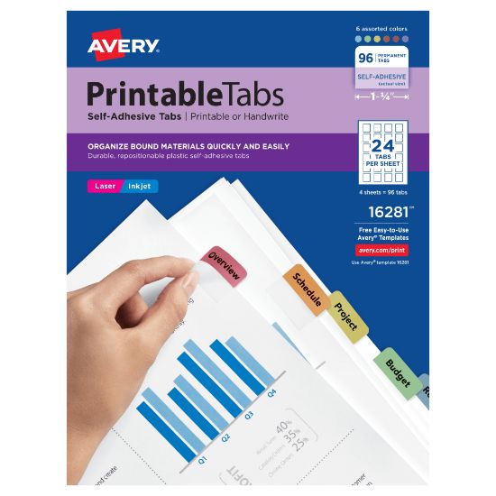 Picture of Avery Printable Self-Adhesive Tabs 16281, 1-1/4in x 1in, 96 Tabs