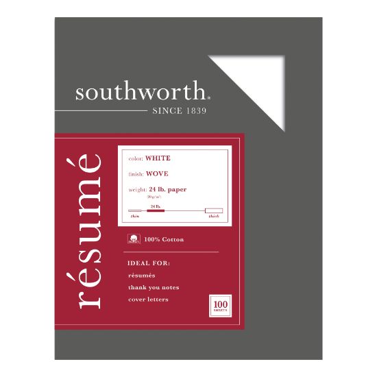 Picture of Southworth 100% Cotton Resume Paper, 8 1/2in x 11in, 24 Lb, 100% Recycled, White, Pack Of 100