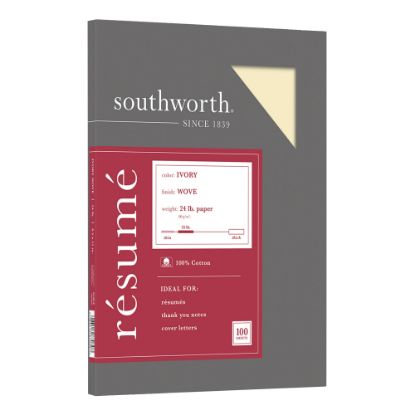 Picture of Southworth 100% Cotton Resume Paper, 8 1/2in x 11in, 24 Lb, 100% Recycled, Ivory, Pack Of 100