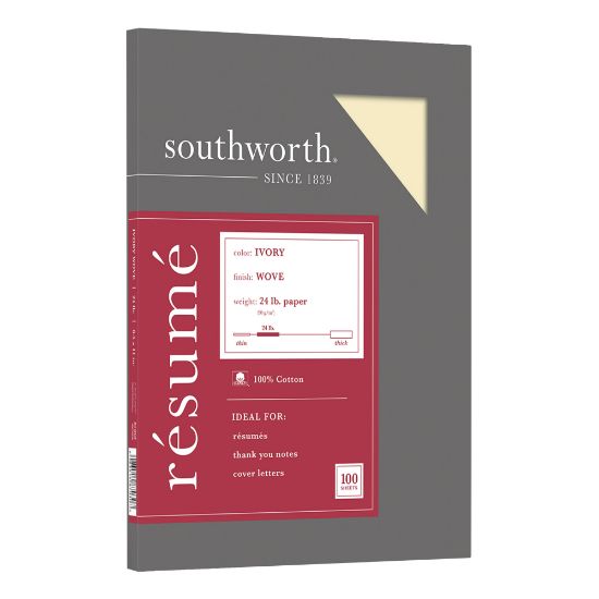 Picture of Southworth 100% Cotton Resume Paper, 8 1/2in x 11in, 24 Lb, 100% Recycled, Ivory, Pack Of 100