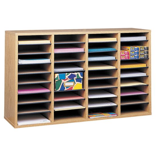 Picture of Safco Adjustable Wood Literature Organizer, 24inH x 39-3/8inW x 11-3/4inD, 36 Compartments, Oak