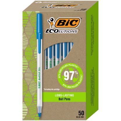 Picture of BIC Ecolutions Round Stic Ball Pens, Medium Point, 1.0 mm, 74% Recycled, Translucent Barrel, Blue Ink, Pack Of 50 Pens