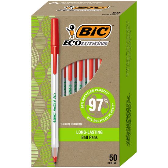 Picture of BIC Ecolutions Round Stic Ball Pens, Medium Point, 1.0 mm, 74% Recycled, Translucent Barrel, Red Ink, Pack Of 50 Pens