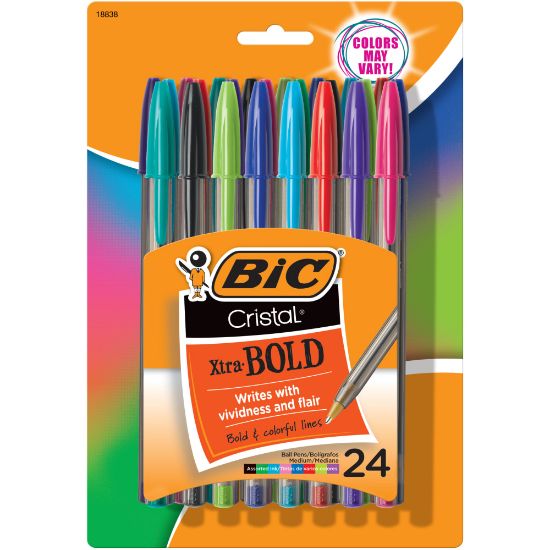 Picture of BIC Cristal Xtra Bold Ballpoint Pens, Bold Point, 1.6 mm, Translucent Barrel, Assorted Ink Colors, Pack Of 24 Pens