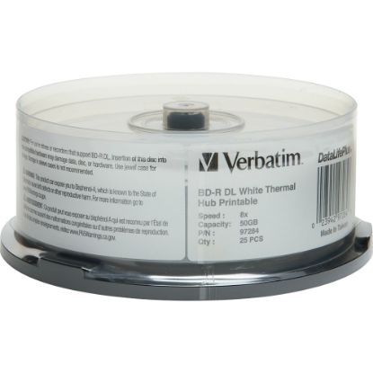 Picture of Verbatim BD-R DL 50GB 8X, White Label, DataLife+, White Thermal Hub Printable, Hard Coat, 25PK Spindle - 25pk Spindle