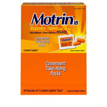 Picture of Motrin IB, Ibuprofen 200mg Tablets for Pain & Fever, 2 Tablets per Packet, 50 Packets per Box