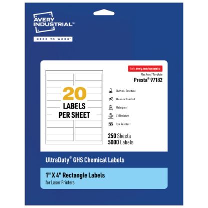 Picture of Avery Ultra Duty Permanent GHS Chemical Labels, 97182-WMU250, Rectangle, 1in x 4in, White, Pack Of 5,000