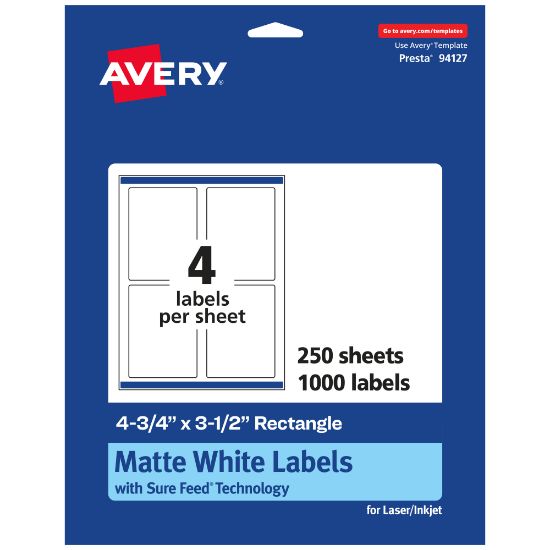 Picture of Avery Permanent Labels With Sure Feed, 94127-WMP250, Rectangle, 4-3/4in x 3-1/2in, White, Pack Of 1,000