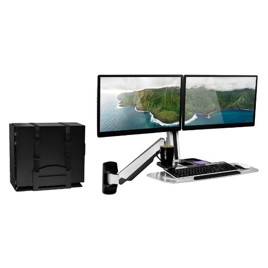 Picture of Mount-It! MI-7906 36inW Sit-Stand Dual-Monitor Wall-Mount Workstation With Articulating Keyboard Tray Arm And CPU Holder, Silver