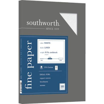 Picture of Southworth 25% Cotton Linen Cover Stock, 8 1/2in x 11in, 65 Lb, White, Pack Of 100