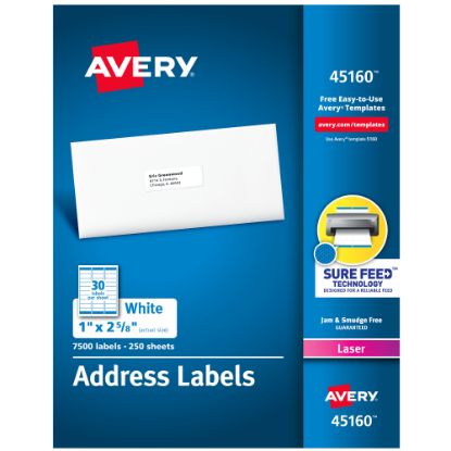 Picture of Avery Laser Address Labels With Sure Feed Technology, 45160, 1in x 2 5/8in, White, Pack Of 7,500