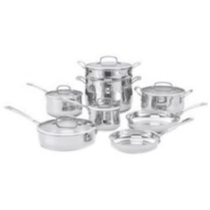 Picture of Cuisinart 44-13 Cookware Set - 1.5 quart Saucepan, 2.5 quart Saucepan, 3 quart Saucepan, 8 quart Stockpot, 4 quart Dutch Oven, 8in Diameter Skillet, 10in Diameter Skillet, Lid - Stainless Steel, Aluminum Base