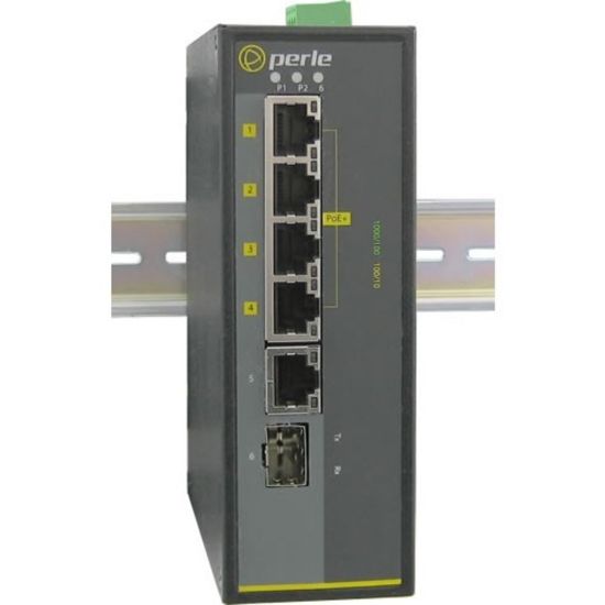 Picture of Perle IDS-105GPP-SFP - with Power Over Ethernet - 5 Ports - 10/100/1000Base-T, 1000Base-X - 2 Layer Supported - 1 SFP Slots - Twisted Pair, Optical Fiber - PoE Ports - Rail-mountable, Panel-mountable, Wall Mountable - 5 Year Limited Warranty