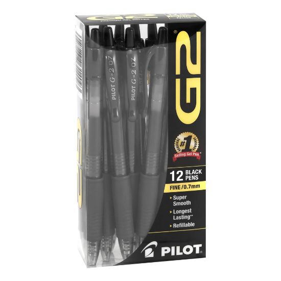 Picture of Pilot G2 Retractable Gel Pens, Fine Point, 0.7 mm, Clear Barrels, Black Ink, Pack Of 12 Pens