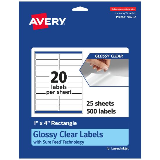 Picture of Avery Glossy Permanent Labels With Sure Feed, 94202-CGF25, Rectangle, 1in x 4in, Clear, Pack Of 500