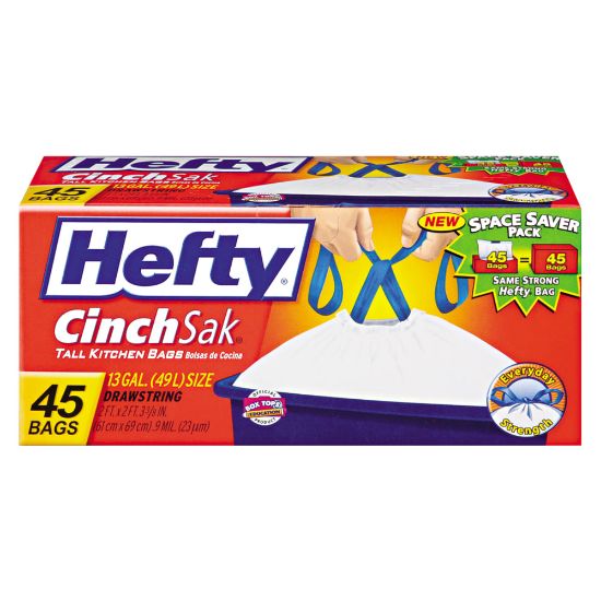 Picture of Hefty Cinch Sak Tall Kitchen Bags, White, 13 Gallons, Box Of 45