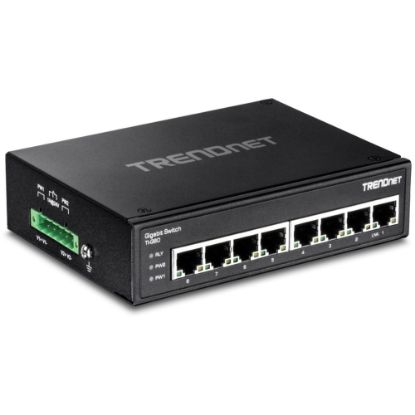 Picture of TRENDnet 8-Port Hardened Industrial Gigabit DIN-Rail Switch, 16 Gbps Switching Capacity, IP30 Rated Metal Housing (-40 to 167 ?F), DIN-Rail & Wall Mounts Included, Lifetime Protection, Black, TI-G80 - 8-port hardened Industrial Gigabit Switch