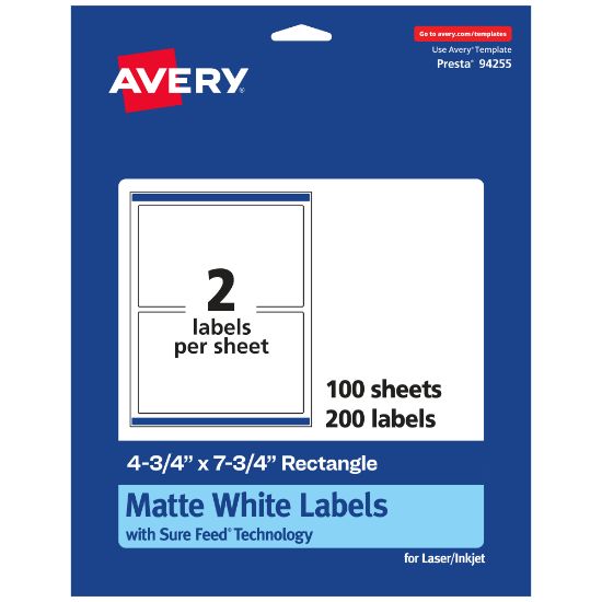 Picture of Avery Permanent Labels With Sure Feed, 94255-WMP100, Rectangle, 4-3/4in x 7-3/4in, White, Pack Of 200