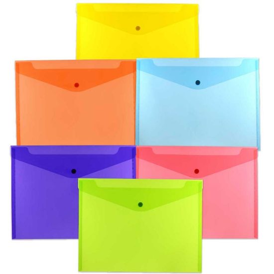 Picture of JAM Paper Plastic Letter Booklet Envelopes, 9-3/4in x 13in, Snap Closures, Assorted Colors, Pack Of 6 Envelopes