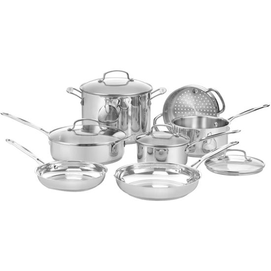 Picture of Cuisinart 11-Piece Chefs Classic Cookware Set - 1.5 quart Saucepan, 2.5 quart Saucepan, 3 quart Saute, 8 quart Stockpot, 8in Diameter Skillet, 10in Diameter Skillet, Steamer Insert, Lid - Stainless Steel, Tempered Glass Lid, Aluminum - Dishwasher Safe