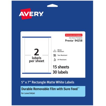 Picture of Avery Durable Removable Labels With Sure Feed, 94258-DRF15, Rectangle, 5in x 7in, White, Pack Of 30