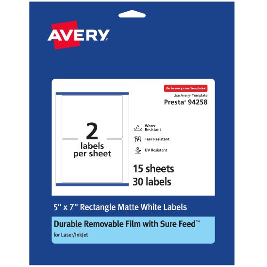 Picture of Avery Durable Removable Labels With Sure Feed, 94258-DRF15, Rectangle, 5in x 7in, White, Pack Of 30