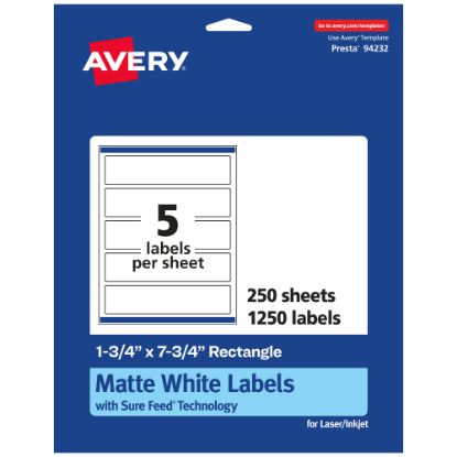 Picture of Avery Permanent Labels With Sure Feed, 94232-WMP250, Rectangle, 1-3/4in x 7-3/4in, White, Pack Of 1,250