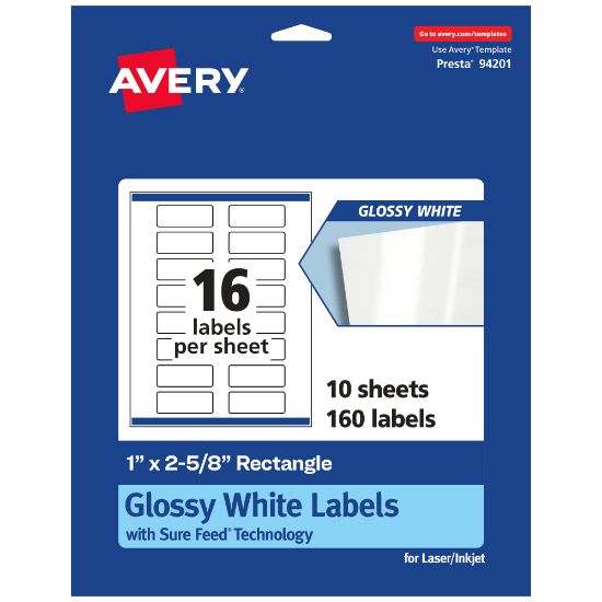 Picture of Avery Glossy Permanent Labels With Sure Feed, 94201-WGP10, Rectangle, 1in x 2-5/8in, White, Pack Of 160