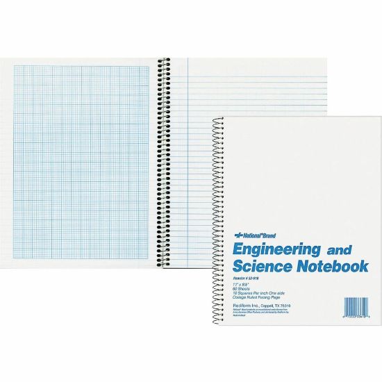 Picture of Rediform Engineering and Science Notebook - Letter - 60 Sheets - Wire Bound - Both Side Ruling Surface - Light Blue Margin - 16 lb Basis Weight - Letter - 8 1/2in x 11in - White Paper - White Cover - Unpunched, Heavyweight, Hard Cover - 1 Each