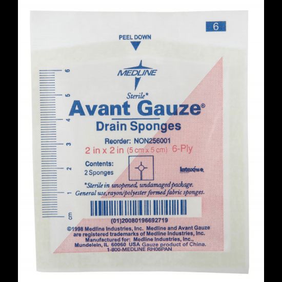 Picture of Medline Avant Sterile Gauze Drain Sponges, 2in, White, 70 Sponges Per Box, Case Of 40 Boxes