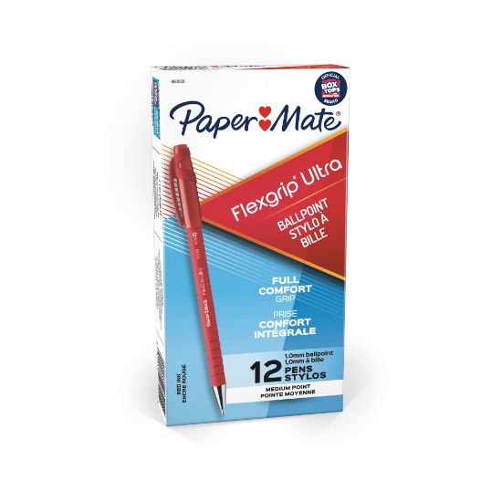 Picture of Paper Mate FlexGrip Ultra Ballpoint Stick Pens, Medium Point, 1.0 mm, 42% Recycled, Red Barrel, Red Ink, Pack Of 12