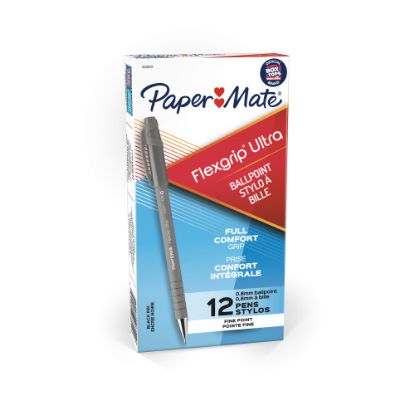 Picture of Paper Mate FlexGrip Ultra Ballpoint Pens, Fine Point, 0.8 mm, 42% Recycled, Gray Barrel, Black Ink, Pack Of 12