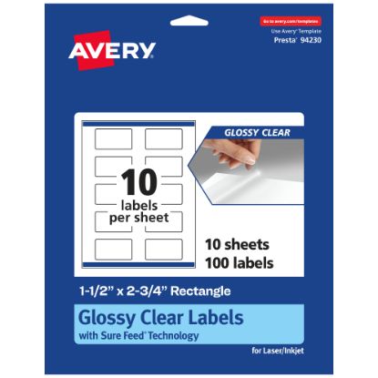 Picture of Avery Glossy Permanent Labels With Sure Feed, 94230-CGF10, Rectangle, 1-1/2in x 2-3/4in, Clear, Pack Of 100