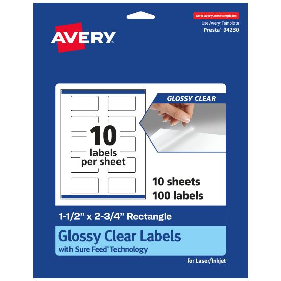 Picture of Avery Glossy Permanent Labels With Sure Feed, 94230-CGF10, Rectangle, 1-1/2in x 2-3/4in, Clear, Pack Of 100