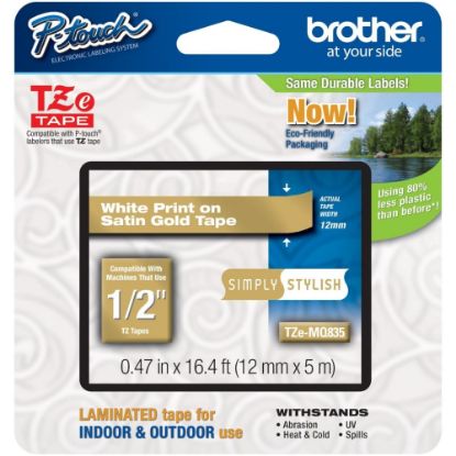 Picture of Brother TZe-MQ835 White-On-Satin Gold Tape, 0.5in x 196.8in