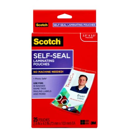 Picture of 3M Scotch Self-Laminating Pouches, For Clip Style ID Badges, 4 1/16in x 2 5/16in, Box Of 25