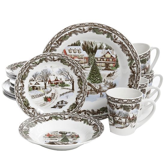 Picture of Gibson Home Christmas Toile 16-Piece Dinnerware Set, Home Scene