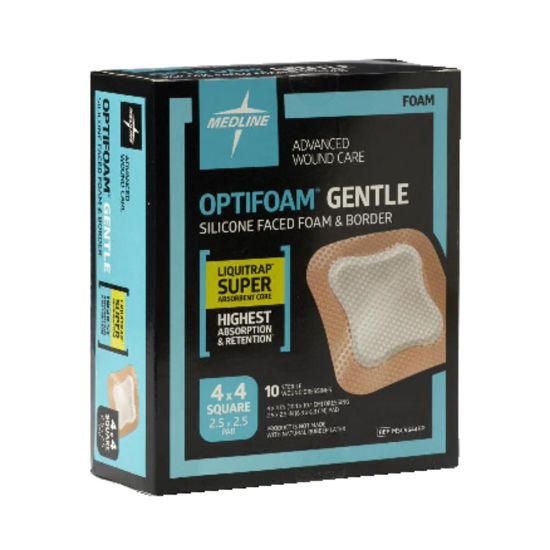 Picture of Medline Optifoam Gentle Silicone-Faced Foam & Border With Liquitrap Core Dressings, 4in x 4in, Natural, Case Of 100