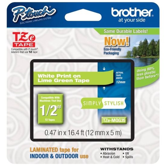 Picture of Brother TZe-MQG35 White-On-Lime Green Tape, 0.5in x 196.8in