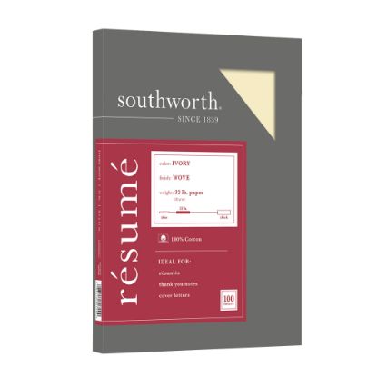 Picture of Southworth 100% Cotton Resume Paper, 8 1/2in x 11in, 32 Lb, 100% Recycled, Ivory, Pack Of 100