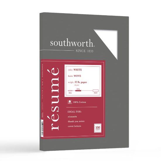 Picture of Southworth 100% Cotton Resume Paper, 8 1/2in x 11in, 32 Lb, 100% Recycled, White, Pack Of 100