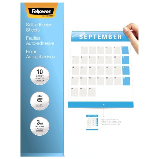 Picture of Fellowes Self-Adhesive Laminating Sheets, 9.25in x 12in, 3 mil, Clear, Pack Of 50