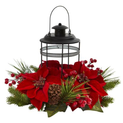 Picture of Nearly Natural 13inH Poinsettia Berry Pine Artificial Arrangement Candelabrum, 13inH x 18inW x 18inD, Black/Red