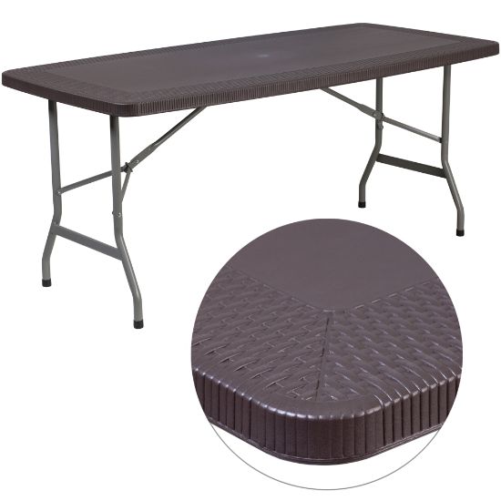 Picture of Flash Furniture Rattan Plastic Folding Table, 28-3/4inH x 32-1/2inW x 67-1/2inD, Brown