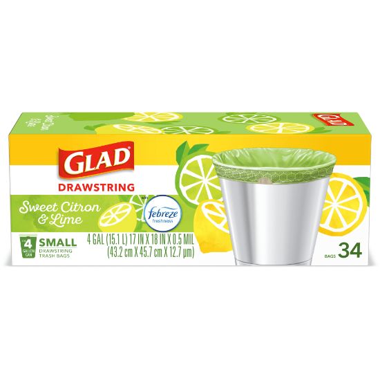 Picture of Glad Small Kitchen Drawstring Trash Bags, 4 Gallons, Febreze Sweet Citron And Lime, Green, Box Of 34 Bags