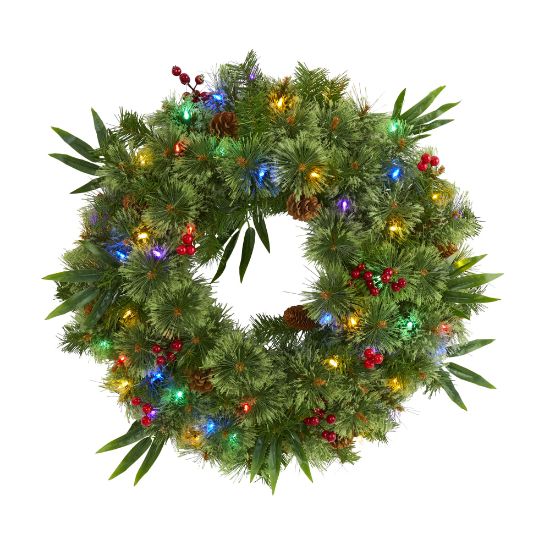 Picture of Nearly Natural 24inH Mixed Pine Artificial Christmas Wreath With 50 Multicolor LED Lights, Berries And Pine Cones, 24in x 5in, Green