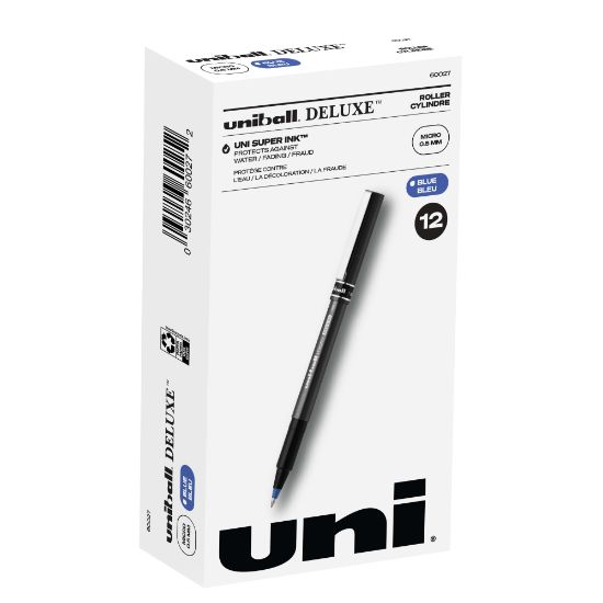 Picture of uni-ball Deluxe Rollerball Pens, Micro Point, 0.5 mm, Charcoal Barrel, Blue Ink, Pack Of 12